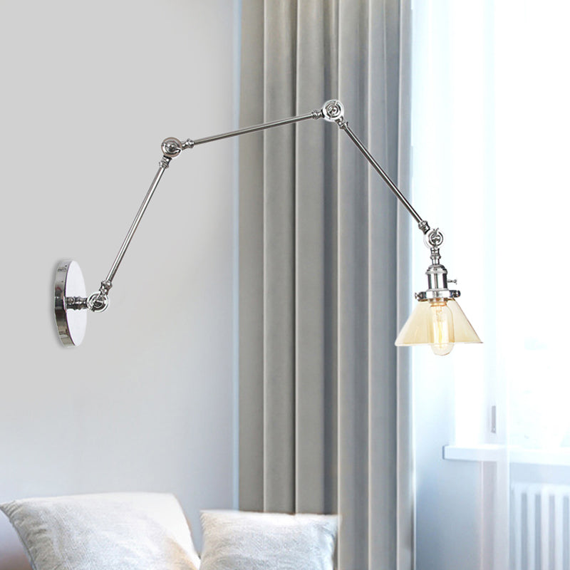 Frendorf | 1 Licht Wandlamp Industriële Conische Duidelijk/Amber Glazen Wandlamp in Zwart/Bronze/Messing met Verstelbare Arm, 8“+8"/8"+8"+8" Lang