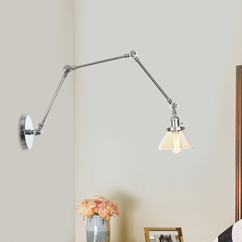 Frendorf | 1 Licht Wandlamp Industriële Conische Duidelijk/Amber Glazen Wandlamp in Zwart/Bronze/Messing met Verstelbare Arm, 8“+8"/8"+8"+8" Lang