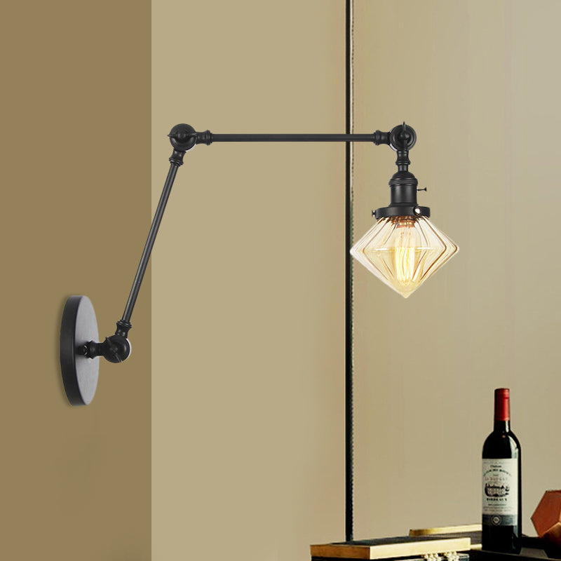 Frendorf | 1 Licht Esszimmer Wandleuchte Vintage Schwarz/Bronze/ Messing Wandmontierte Lampe mit Diamant Klar/Amber Glasschirm, 8"+8"/8"+8"+8" L Verstellbarer Arm