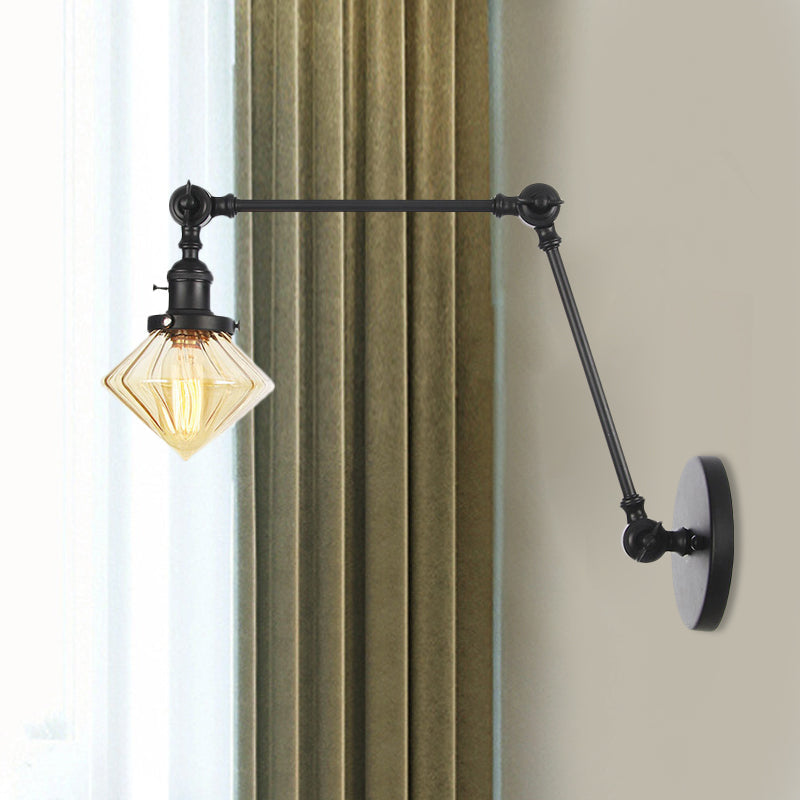 Frendorf | 1 Licht Esszimmer Wandleuchte Vintage Schwarz/Bronze/ Messing Wandmontierte Lampe mit Diamant Klar/Amber Glasschirm, 8"+8"/8"+8"+8" L Verstellbarer Arm