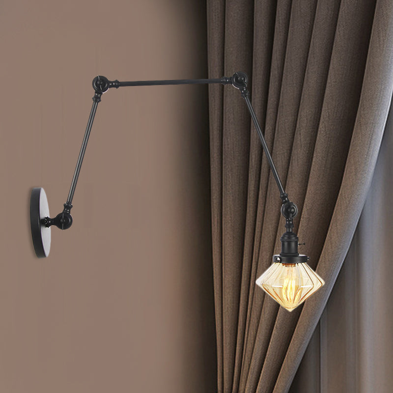 Frendorf | 1 Licht Esszimmer Wandleuchte Vintage Schwarz/Bronze/ Messing Wandmontierte Lampe mit Diamant Klar/Amber Glasschirm, 8"+8"/8"+8"+8" L Verstellbarer Arm