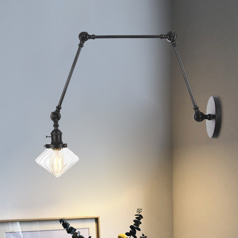 Frendorf | 1 Licht Esszimmer Wandleuchte Vintage Schwarz/Bronze/ Messing Wandmontierte Lampe mit Diamant Klar/Amber Glasschirm, 8"+8"/8"+8"+8" L Verstellbarer Arm