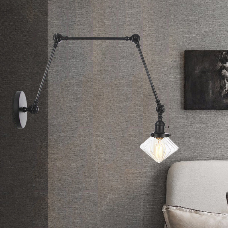 Frendorf | 1 Licht Esszimmer Wandleuchte Vintage Schwarz/Bronze/ Messing Wandmontierte Lampe mit Diamant Klar/Amber Glasschirm, 8"+8"/8"+8"+8" L Verstellbarer Arm