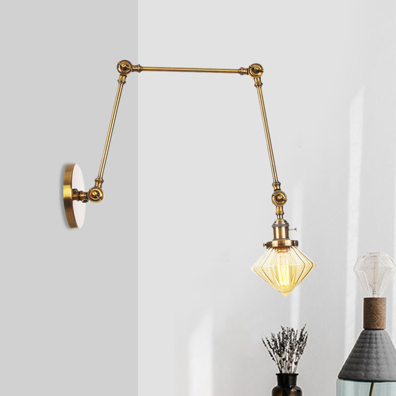 Frendorf | 1 Licht Esszimmer Wandleuchte Vintage Schwarz/Bronze/ Messing Wandmontierte Lampe mit Diamant Klar/Amber Glasschirm, 8"+8"/8"+8"+8" L Verstellbarer Arm