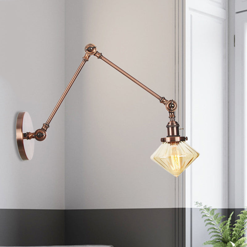 Frendorf | 1 Licht Esszimmer Wandleuchte Vintage Schwarz/Bronze/ Messing Wandmontierte Lampe mit Diamant Klar/Amber Glasschirm, 8"+8"/8"+8"+8" L Verstellbarer Arm