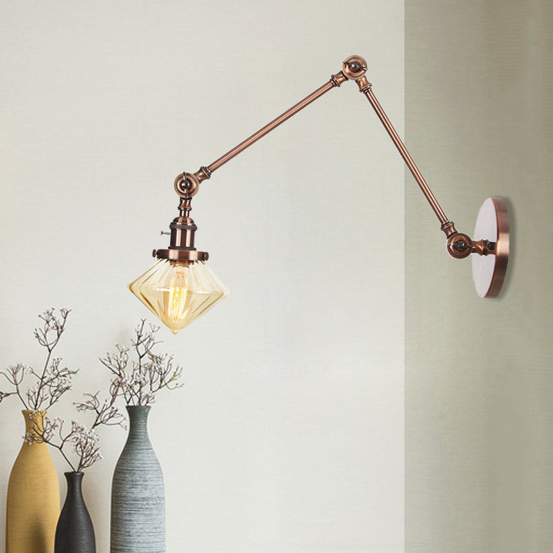Frendorf | 1 Licht Esszimmer Wandleuchte Vintage Schwarz/Bronze/ Messing Wandmontierte Lampe mit Diamant Klar/Amber Glasschirm, 8"+8"/8"+8"+8" L Verstellbarer Arm