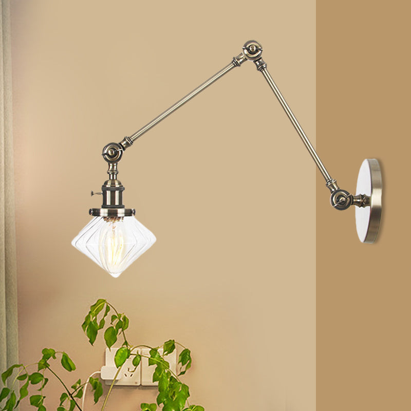 Frendorf | 1 Licht Esszimmer Wandleuchte Vintage Schwarz/Bronze/ Messing Wandmontierte Lampe mit Diamant Klar/Amber Glasschirm, 8"+8"/8"+8"+8" L Verstellbarer Arm