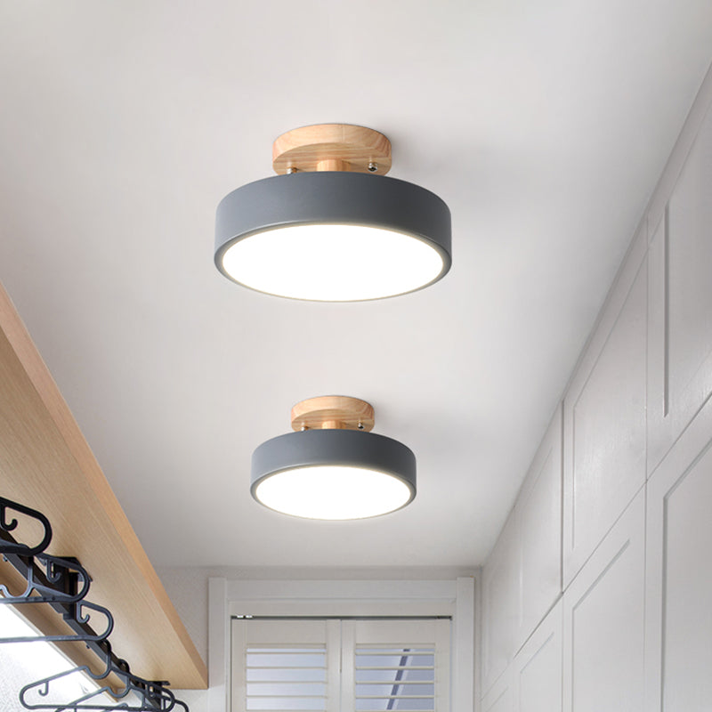 Skandinavische LED-Deckenleuchte mit Holz | Moderne Trommelform für Flure und Eingänge | Energieeffiziente Beleuchtung