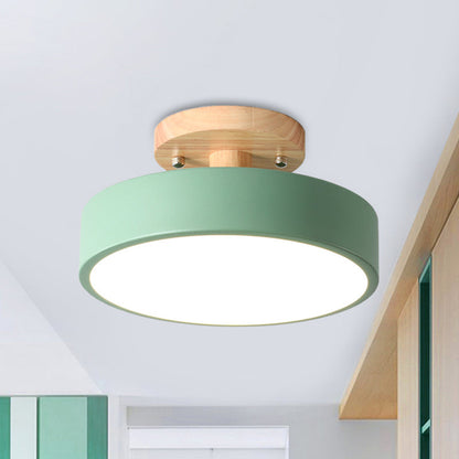 Skandinavische LED-Deckenleuchte mit Holz | Moderne Trommelform für Flure und Eingänge | Energieeffiziente Beleuchtung