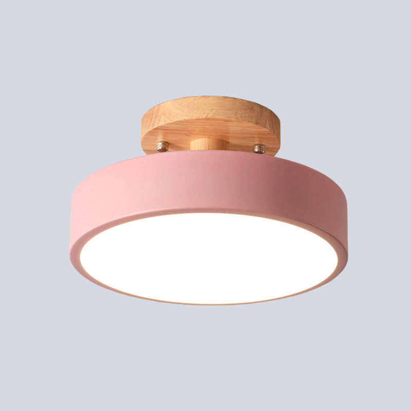 Skandinavische LED-Deckenleuchte mit Holz | Moderne Trommelform für Flure und Eingänge | Energieeffiziente Beleuchtung