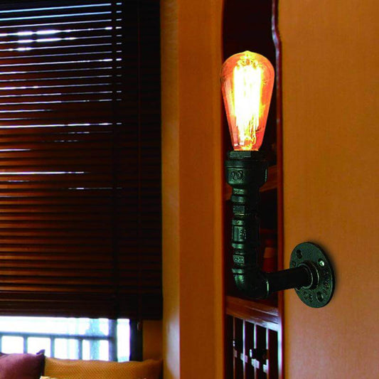 Frendorf | 1 Bulb Blote Bulb Muurverlichting Vintage Zwarte Afwerking IJzeren Wandmontage Pijplamp voor Hoek