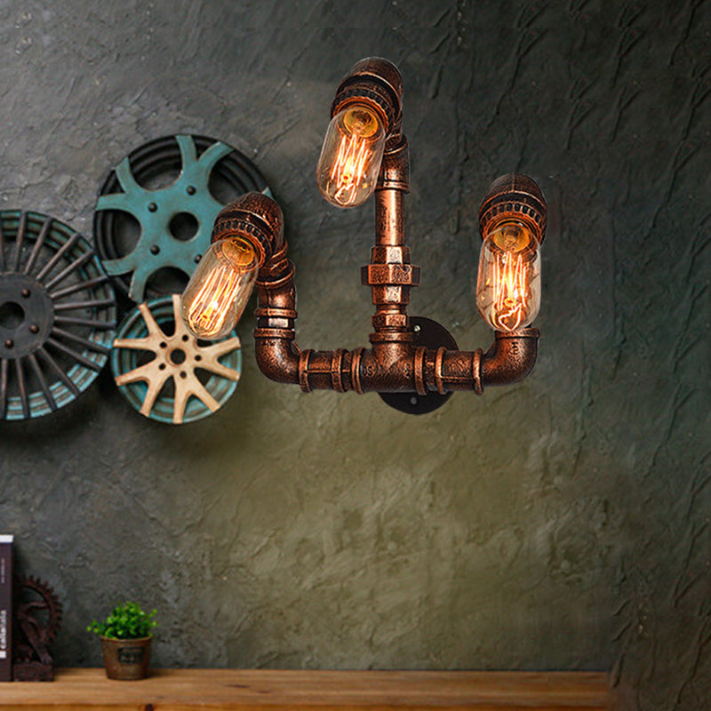 Frendorf | 3 Glühbirnen Wand sconce Beleuchtung Bauernhaus Gebogene Arm Metall Wandmontierte Lampe in Rost für Bar