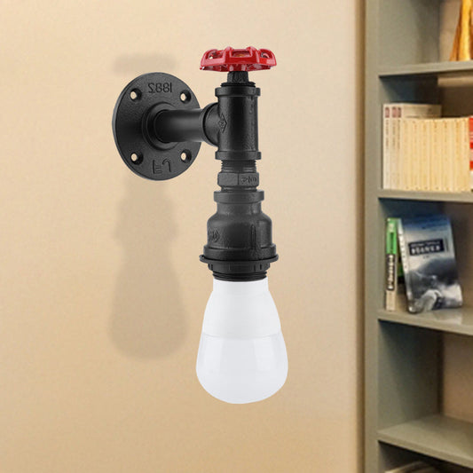 Frendorf | Schwarze 1-Glühbirne-Wandlampe Bauernhaus Eisenrohr-Wandmontage Beleuchtung mit rotem Ventil-Deko für die Ecke