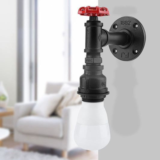 Frendorf | Schwarze 1-Glühbirne-Wandlampe Bauernhaus Eisenrohr-Wandmontage Beleuchtung mit rotem Ventil-Deko für die Ecke