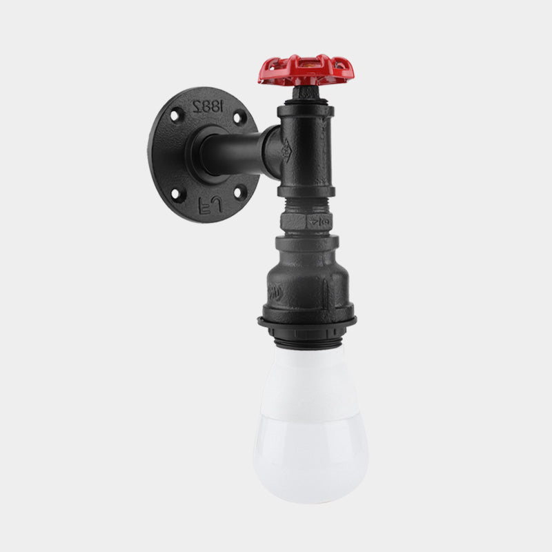 Frendorf | Schwarze 1-Glühbirne-Wandlampe Bauernhaus Eisenrohr-Wandmontage Beleuchtung mit rotem Ventil-Deko für die Ecke