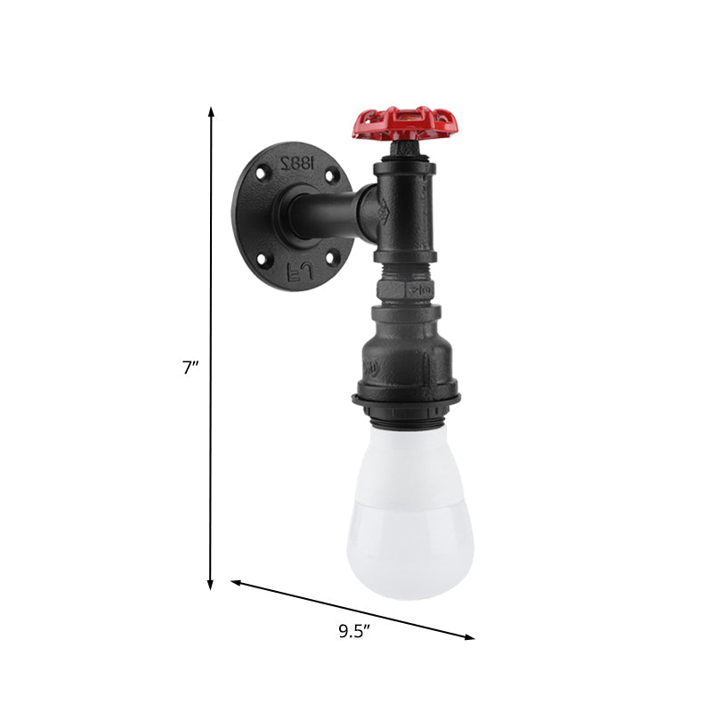 Frendorf | Schwarze 1-Glühbirne-Wandlampe Bauernhaus Eisenrohr-Wandmontage Beleuchtung mit rotem Ventil-Deko für die Ecke