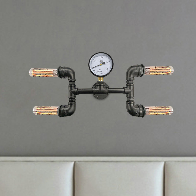 Frendorf | 4-Birnen H-Form Wandlicht Sconces Bauernhaus Schwarz Eisen Wandmontage Lampe mit Gauge Deco