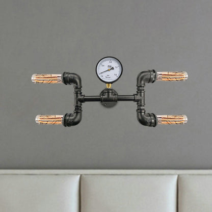 Frendorf | 4-Birnen H-Form Wandlicht Sconces Bauernhaus Schwarz Eisen Wandmontage Lampe mit Gauge Deco