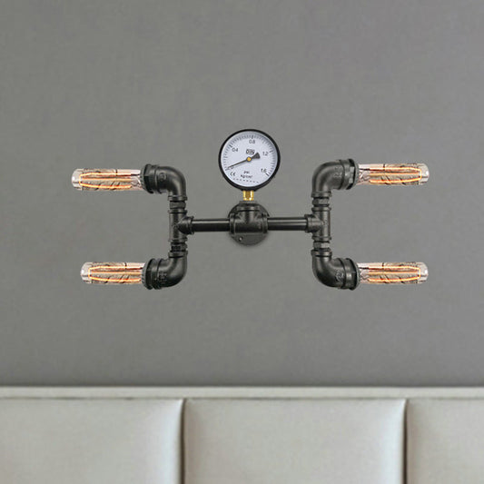 Frendorf | 4-Birnen H-Form Wandlicht Sconces Bauernhaus Schwarz Eisen Wandmontage Lampe mit Gauge Deco