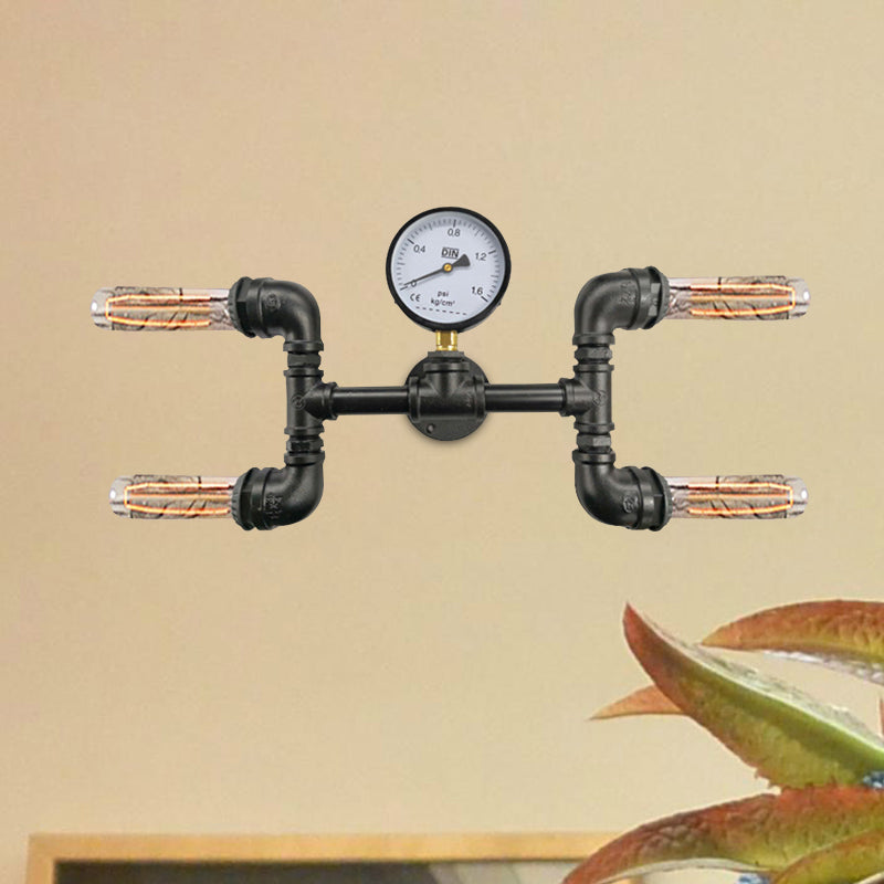 Frendorf | 4-Birnen H-Form Wandlicht Sconces Bauernhaus Schwarz Eisen Wandmontage Lampe mit Gauge Deco