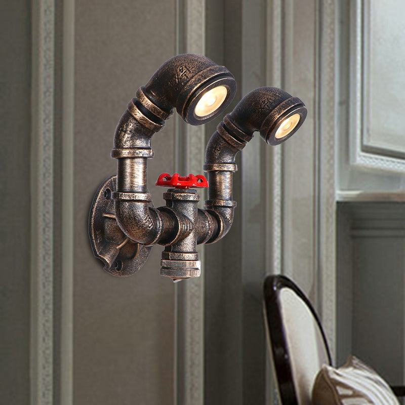Frendorf | 1/2-Bulb Wandleuchte Farmhouse Wasserrohr Eisen Wandlampe in Bronze mit rotem Ventil Deco