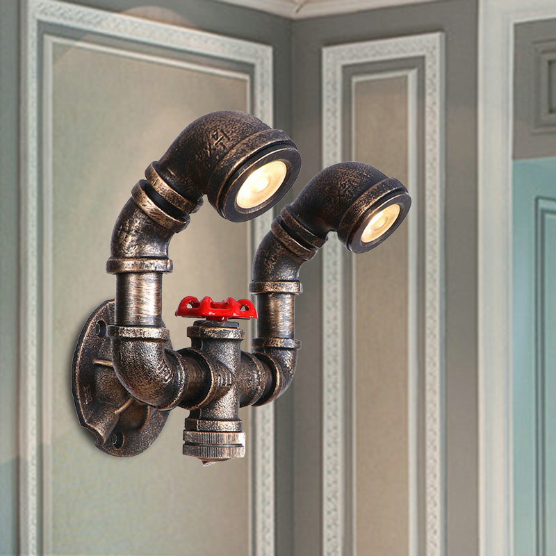 Frendorf | 1/2-Bulb Wandleuchte Farmhouse Wasserrohr Eisen Wandlampe in Bronze mit rotem Ventil Deco