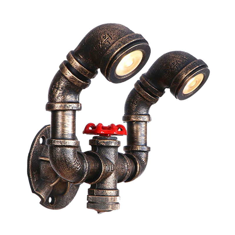 Frendorf | 1/2-Bulb Wandleuchte Farmhouse Wasserrohr Eisen Wandlampe in Bronze mit rotem Ventil Deco