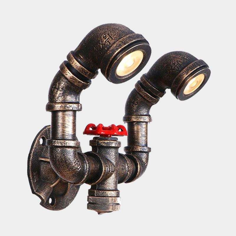 Frendorf | 1/2-Bulb Wandleuchte Farmhouse Wasserrohr Eisen Wandlampe in Bronze mit rotem Ventil Deco