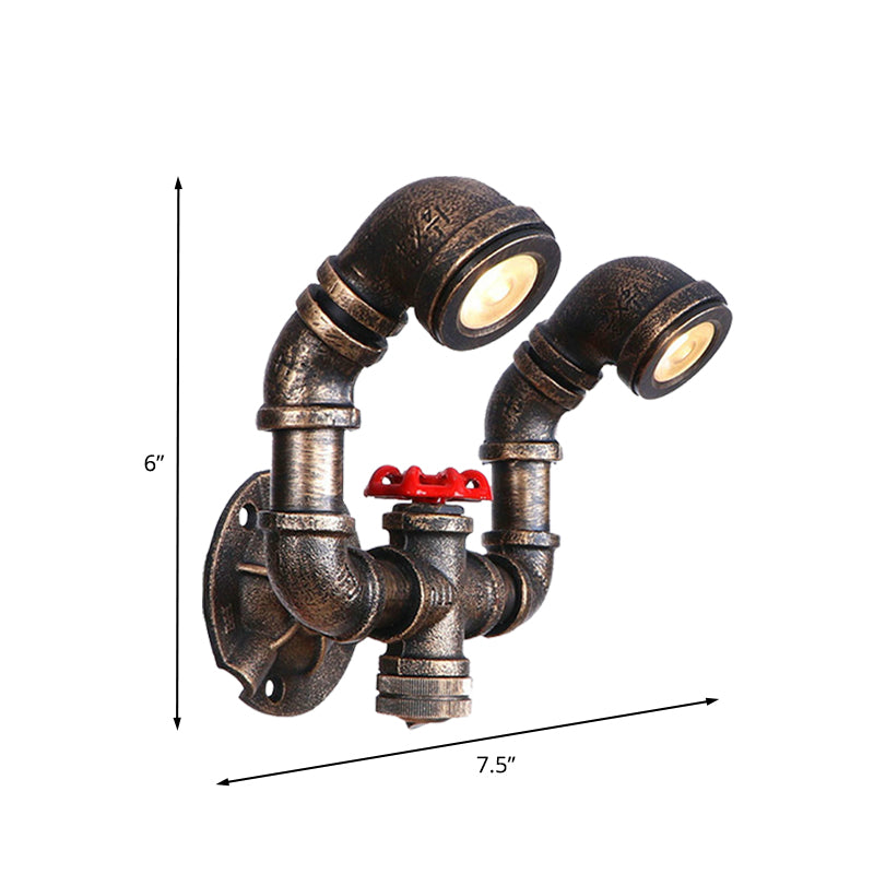 Frendorf | 1/2-Bulb Wandleuchte Farmhouse Wasserrohr Eisen Wandlampe in Bronze mit rotem Ventil Deco
