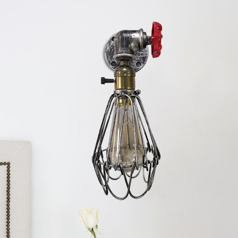 Frendorf | 1 Kopf Conical Cage Wandleuchte Vintage Schwarz/Rost/Silber Finish Metall Wandmontage Lampe mit Ventil Deco