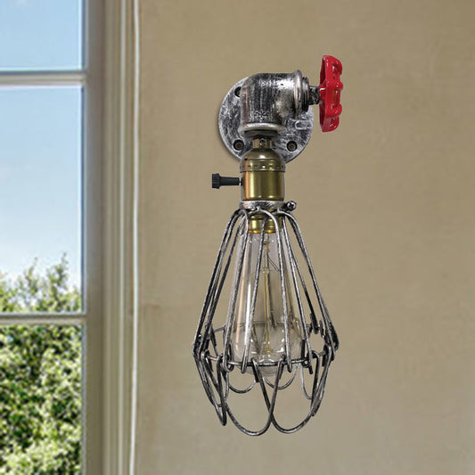Frendorf | 1 Kopf Conical Cage Wandleuchte Vintage Schwarz/Rost/Silber Finish Metall Wandmontage Lampe mit Ventil Deco