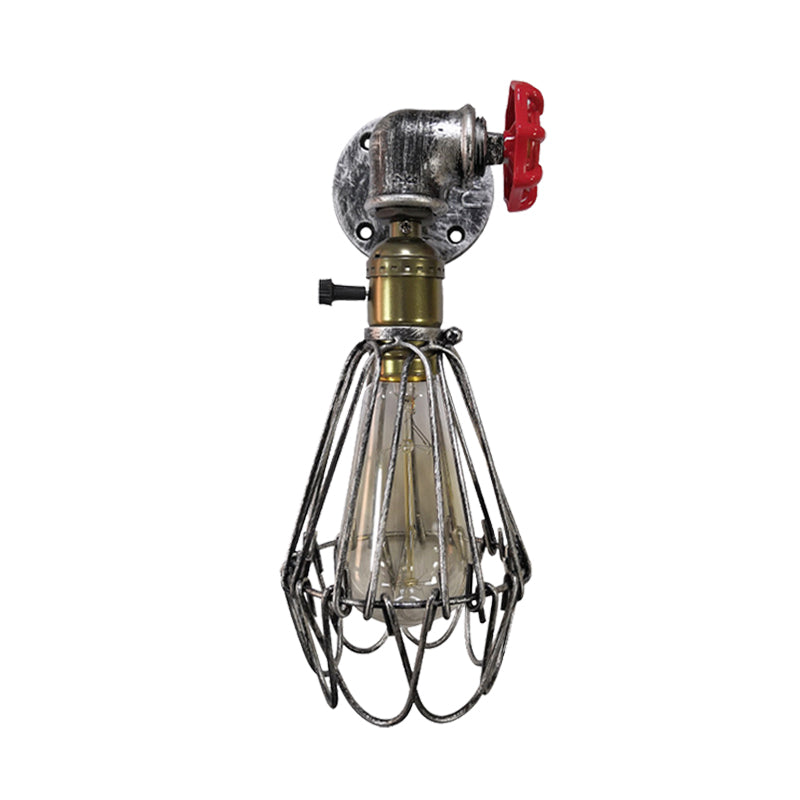 Frendorf | 1 Kopf Conical Cage Wandleuchte Vintage Schwarz/Rost/Silber Finish Metall Wandmontage Lampe mit Ventil Deco