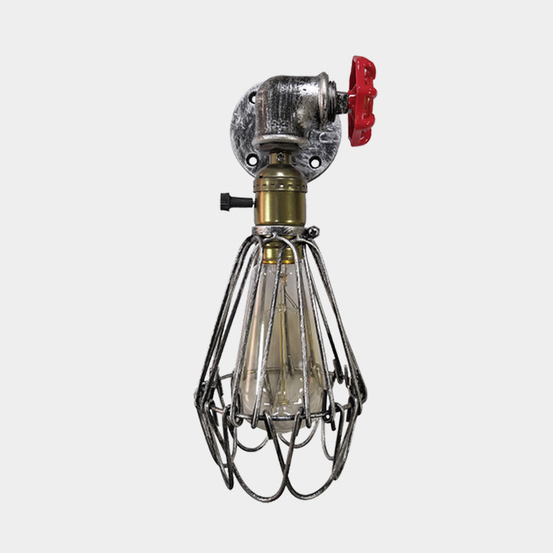Frendorf | 1 Kopf Conical Cage Wandleuchte Vintage Schwarz/Rost/Silber Finish Metall Wandmontage Lampe mit Ventil Deco