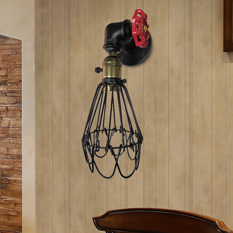 Frendorf | 1 Kopf Conical Cage Wandleuchte Vintage Schwarz/Rost/Silber Finish Metall Wandmontage Lampe mit Ventil Deco