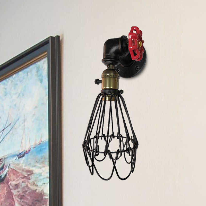 Frendorf | 1 Kopf Conical Cage Wandleuchte Vintage Schwarz/Rost/Silber Finish Metall Wandmontage Lampe mit Ventil Deco