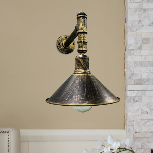 Frendorf | 1-Licht Wandleuchte Rustikale Konische Metall Wandmontierte Lampe in Antikmessing mit Rechtswinkel-Rohrarm