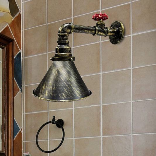 Frendorf | Eisen Bronze Wandleuchte Vintage Kegelförmige 1-Kopf Industrielle Wandlampe Leuchte mit Rotem Ventil Dekor