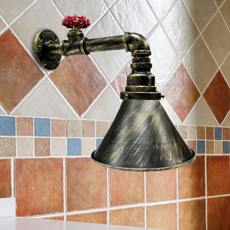 Frendorf | Eisen Bronze Wandleuchte Vintage Kegelförmige 1-Kopf Industrielle Wandlampe Leuchte mit Rotem Ventil Dekor
