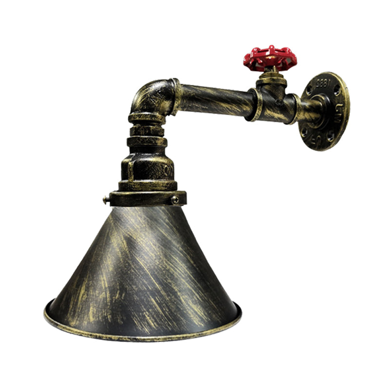 Frendorf | Eisen Bronze Wandleuchte Vintage Kegelförmige 1-Kopf Industrielle Wandlampe Leuchte mit Rotem Ventil Dekor