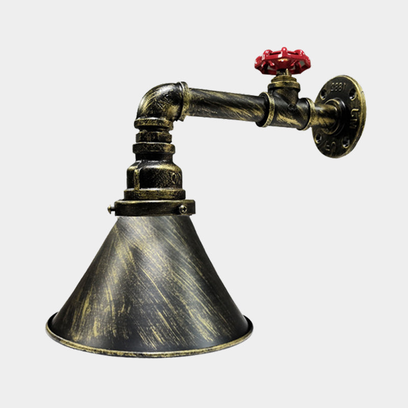 Frendorf | Eisen Bronze Wandleuchte Vintage Kegelförmige 1-Kopf Industrielle Wandlampe Leuchte mit Rotem Ventil Dekor