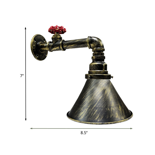 Frendorf | Eisen Bronze Wandleuchte Vintage Kegelförmige 1-Kopf Industrielle Wandlampe Leuchte mit Rotem Ventil Dekor