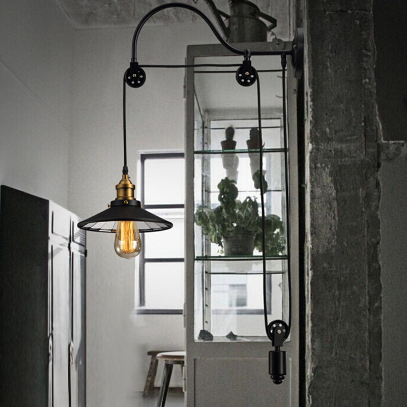 Frendorf | 1 Licht Flared Pulley Wandlamp Industrie Zwart Metallic Sconces Lamp met Gooseneck Arm