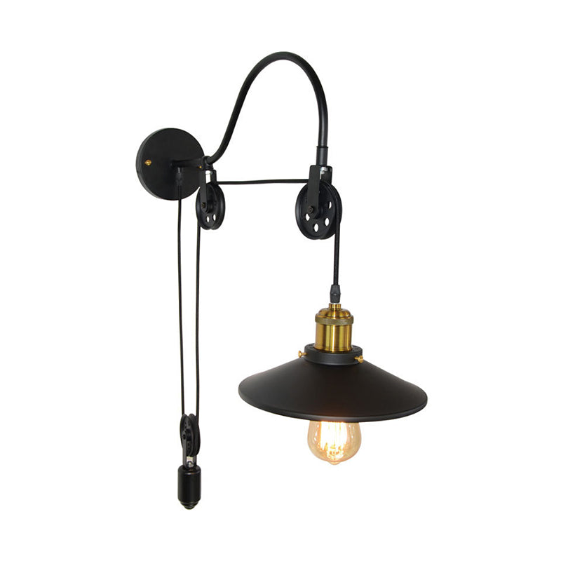 Frendorf | 1 Licht Flared Pulley Wandlamp Industrie Zwart Metallic Sconces Lamp met Gooseneck Arm