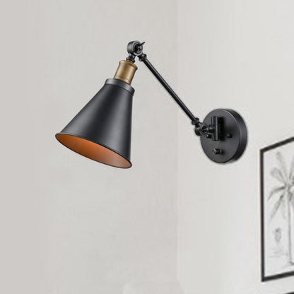 Frendorf | 1 Glühbirne Eisen Wandmontage Licht Vintage Schwarz Swing Arm Wohnzimmer Wandleuchte Lampe mit Kegel Schirm