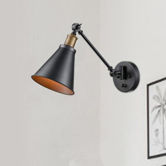 Frendorf | 1 Glühbirne Eisen Wandmontage Licht Vintage Schwarz Swing Arm Wohnzimmer Wandleuchte Lampe mit Kegel Schirm