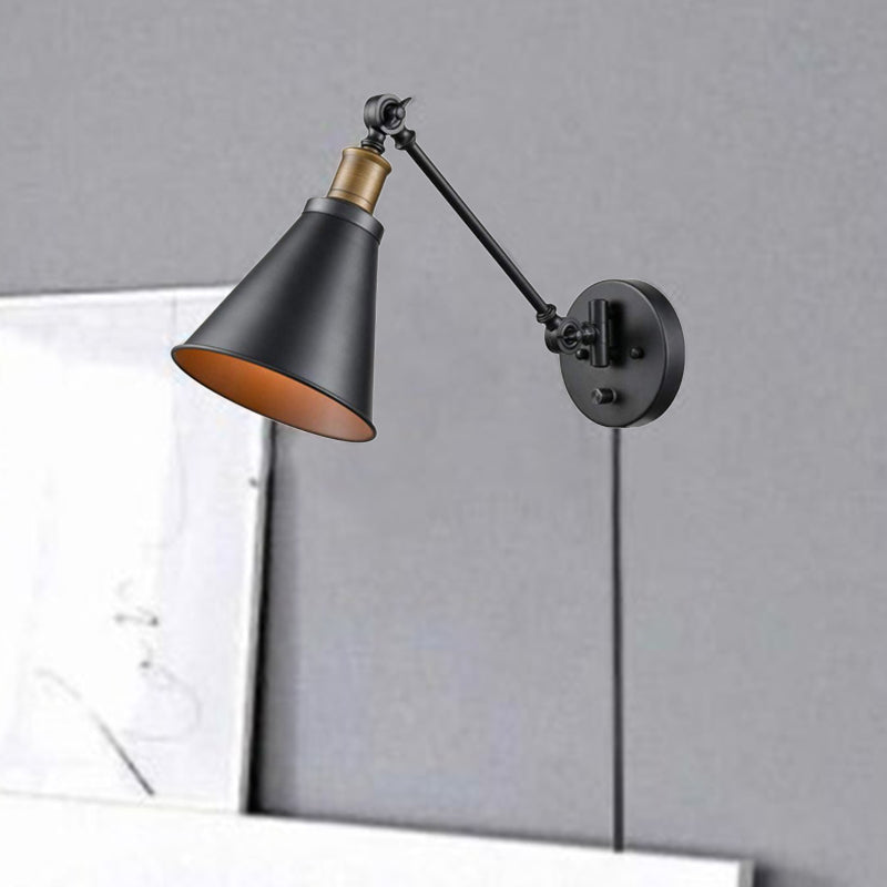 Frendorf | 1 Glühbirne Eisen Wandmontage Licht Vintage Schwarz Swing Arm Wohnzimmer Wandleuchte Lampe mit Kegel Schirm