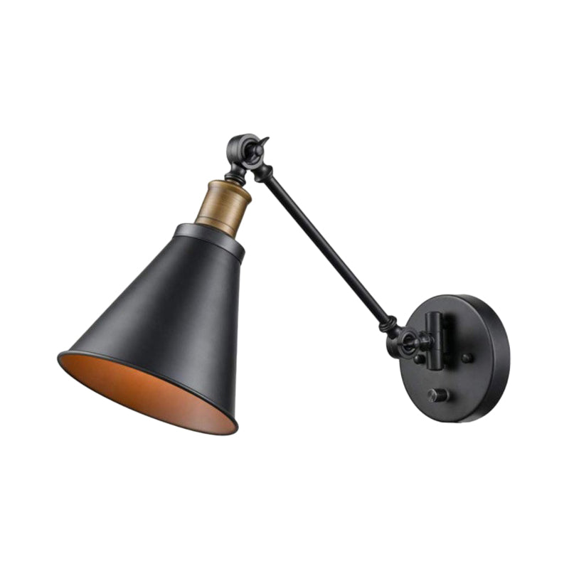 Frendorf | 1 Glühbirne Eisen Wandmontage Licht Vintage Schwarz Swing Arm Wohnzimmer Wandleuchte Lampe mit Kegel Schirm