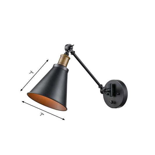 Frendorf | 1 Glühbirne Eisen Wandmontage Licht Vintage Schwarz Swing Arm Wohnzimmer Wandleuchte Lampe mit Kegel Schirm