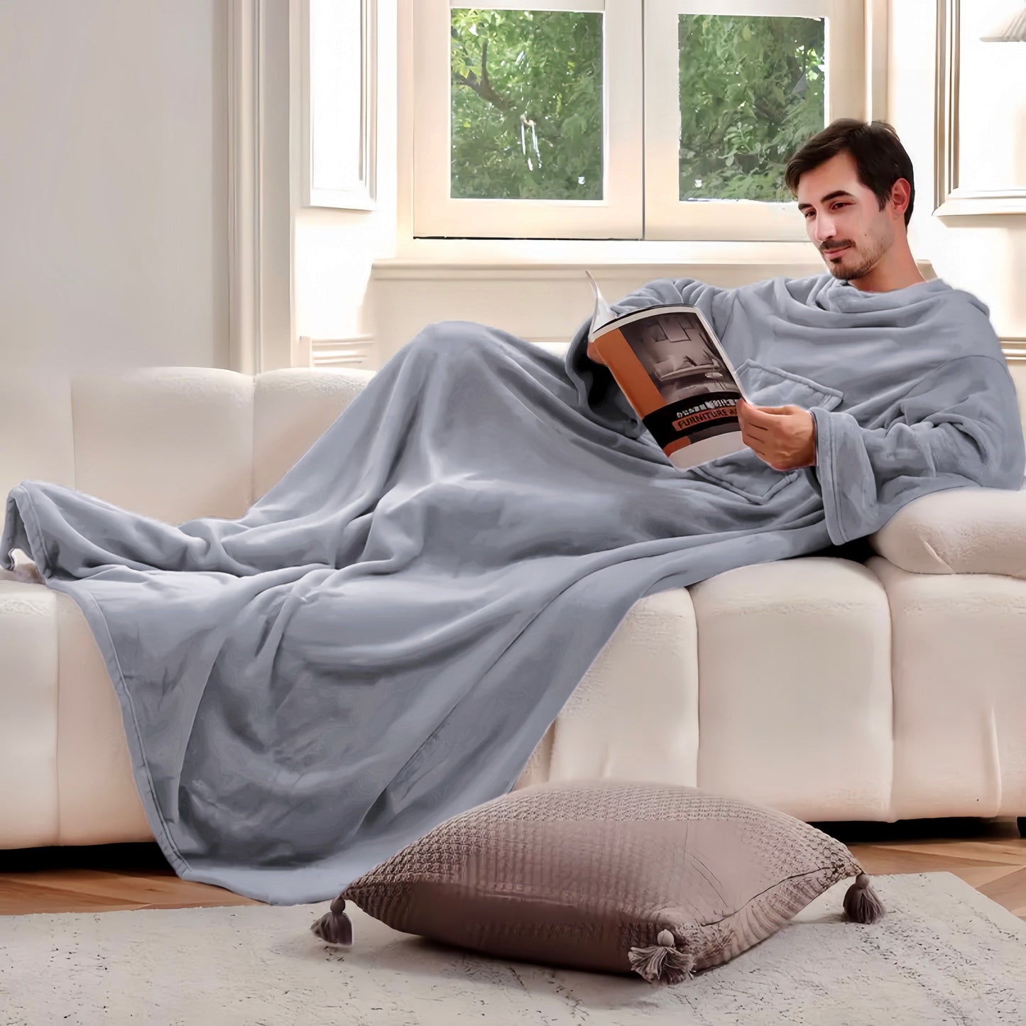 Frendorf | Decke – Warm und weich Fleecedecke mit Ärmeln für freie Bewegung