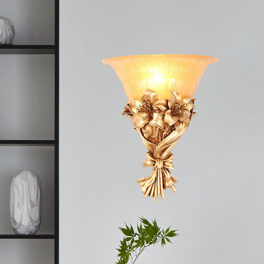 Frendorf | 1 Licht Flared Wandlamp Vintage Gouden Hars Wandlamp met Bloem/Pauwstaart Decoratie